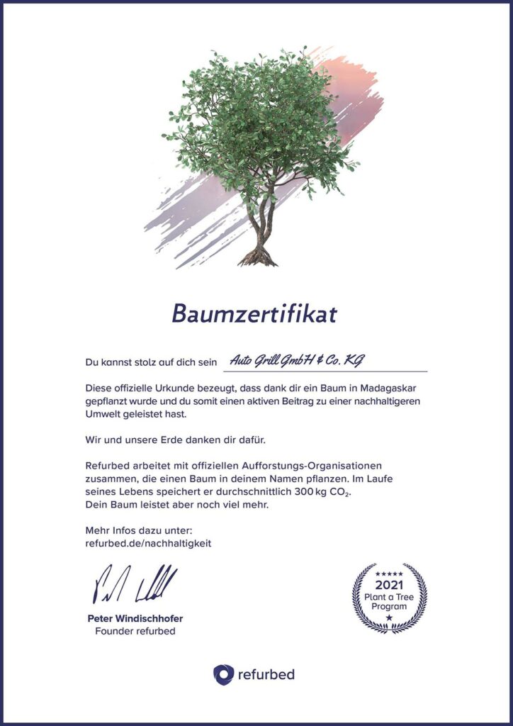 Zertifikat, das beschreibt, dass Auto Grill durch den kauf von gebrauchten Elektroartikeln einen Baum in Madagaskar gepflanzt hat